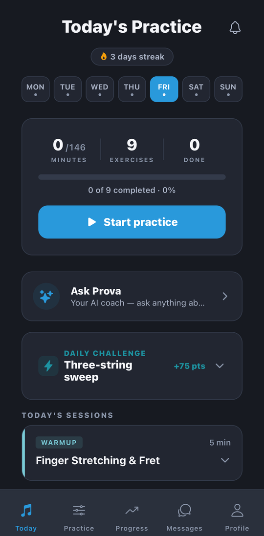 Prova's Today screen — a three-day streak, the week so far, and nine exercises to work through